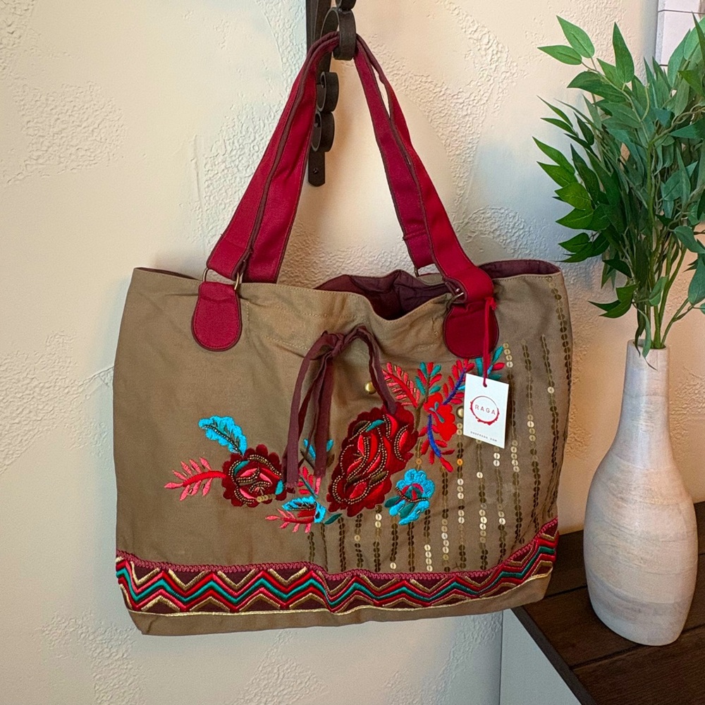 Embroidered Floral Tote Bag - Brown and Red